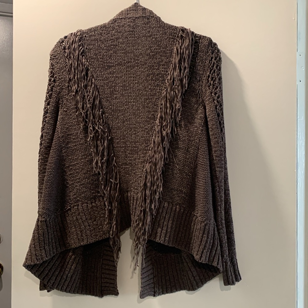 Fringe back Cardigan Brown Chunky Knit, Scoop NYC